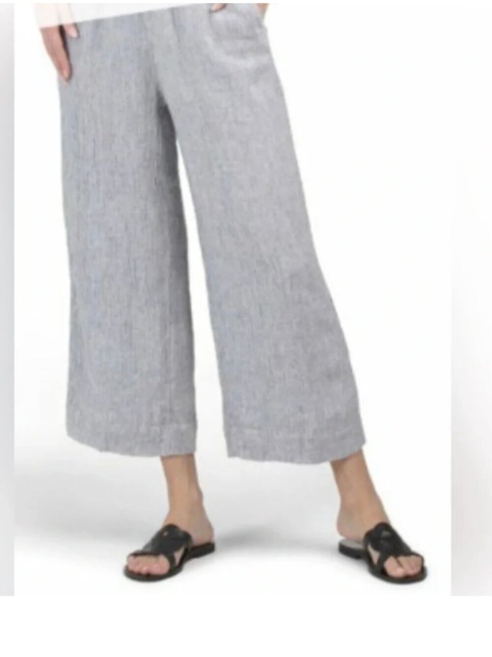 TAHARI Linen Wide Leg Pull On Crop Pant M Blue Pockets Fully Lined Beach Resort